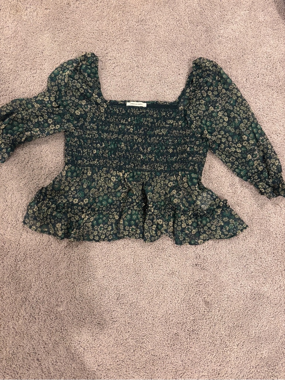 American Eagle Outfitters Dark Green Floral Smocked Peplum Blouse